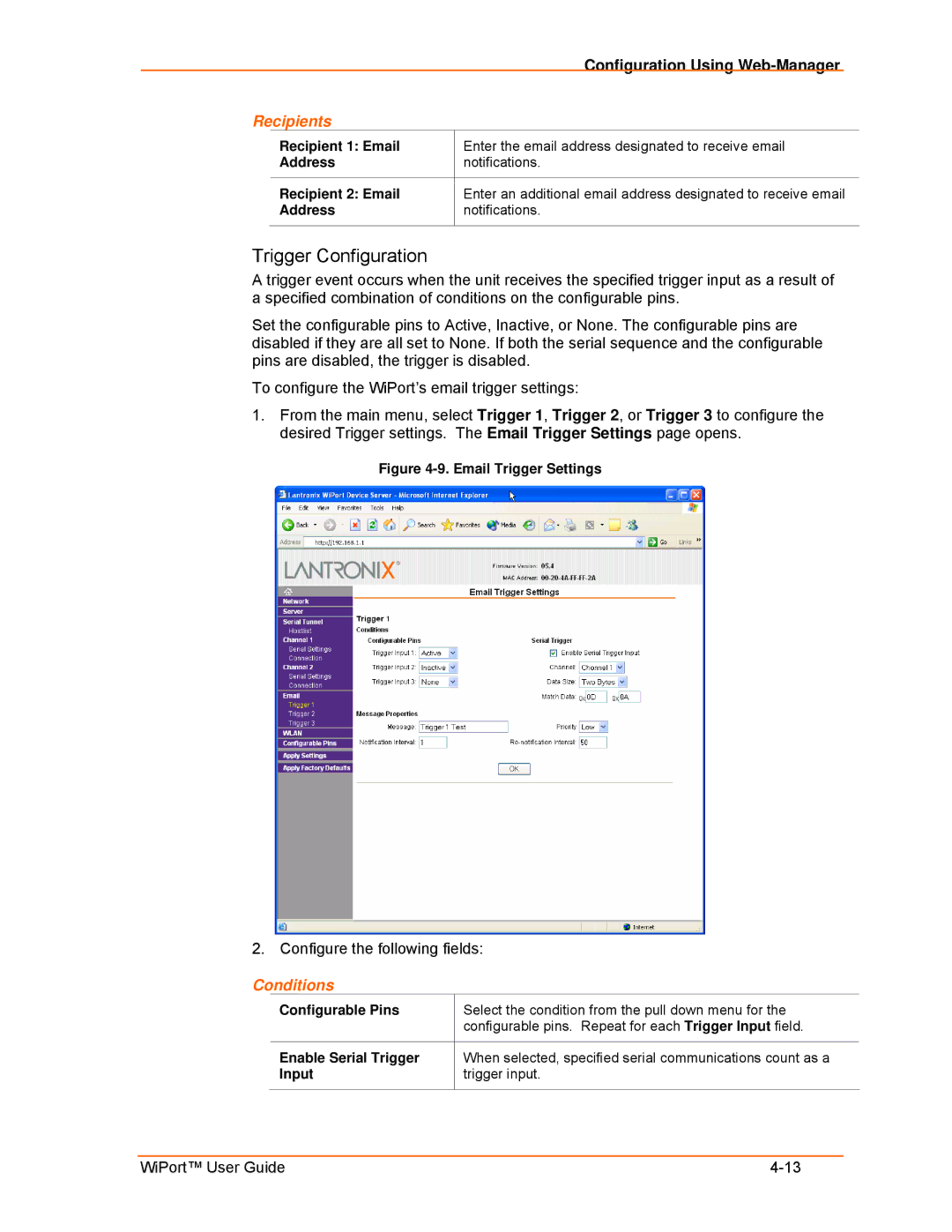 Lantronix 900-332 manual Recipients, Conditions, Configurable Pins, Enable Serial Trigger, Input 