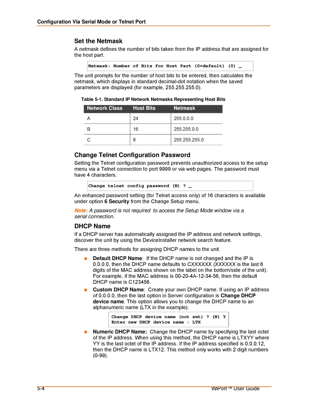 Lantronix 900-332 manual Set the Netmask, Change Telnet Configuration Password, Dhcp Name, Network Class Host Bits Netmask 