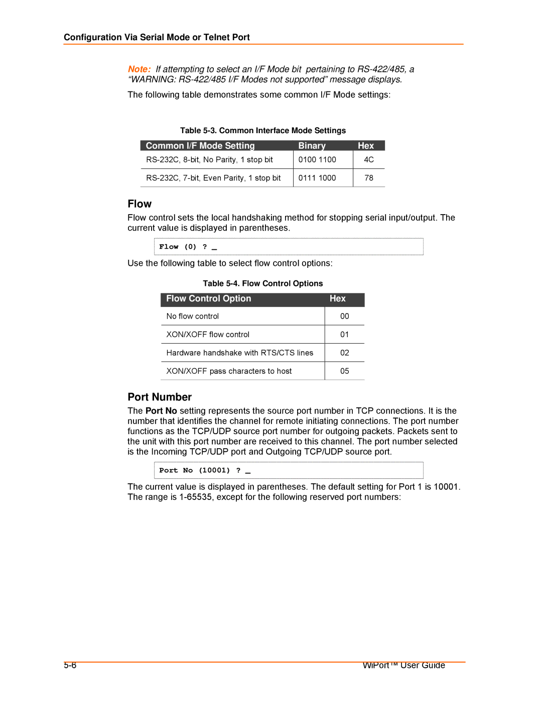 Lantronix 900-332 manual Port Number, Common I/F Mode Setting Binary Hex, Flow Control Option 