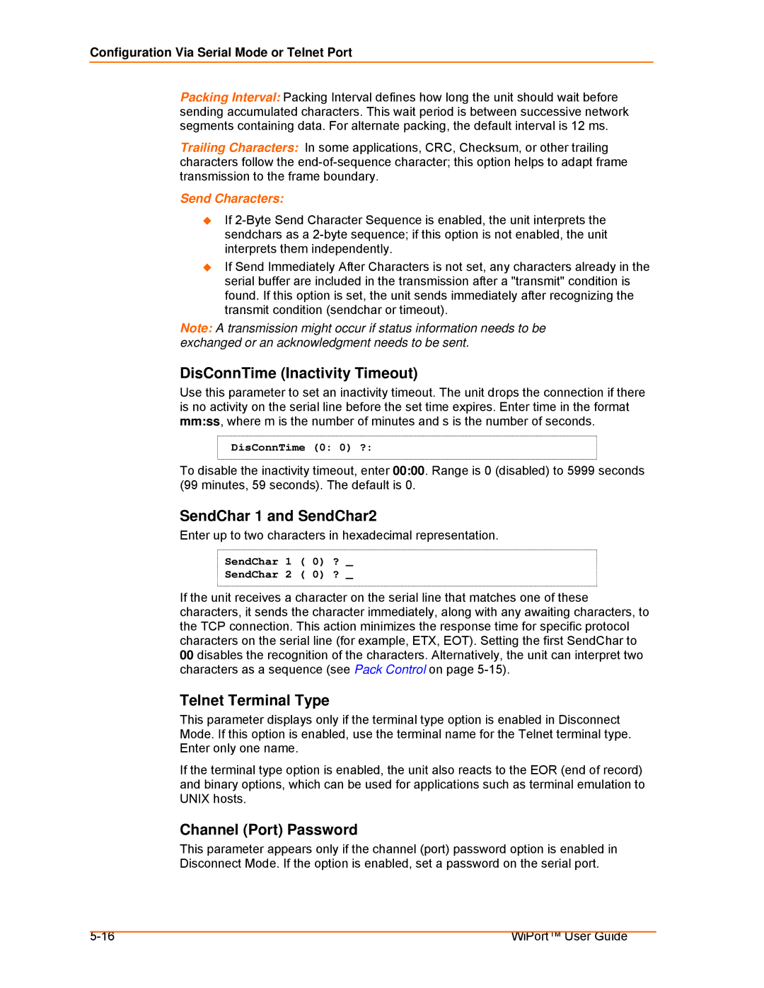 Lantronix 900-332 DisConnTime Inactivity Timeout, SendChar 1 and SendChar2, Telnet Terminal Type, Channel Port Password 