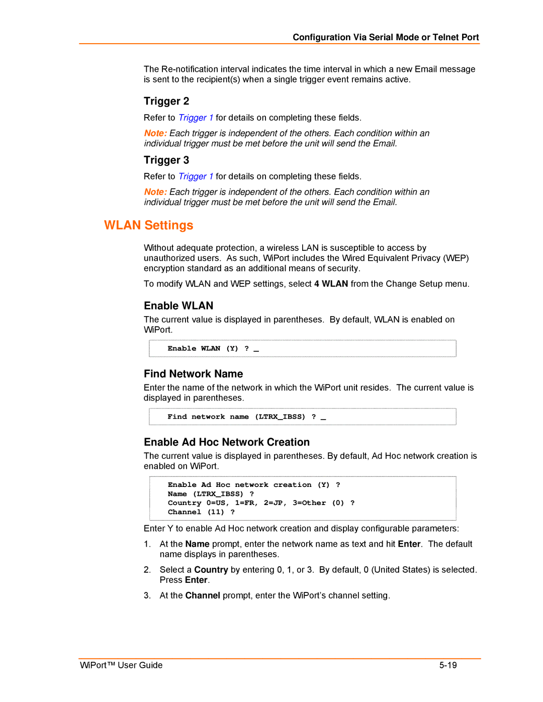 Lantronix 900-332 manual Wlan Settings, Enable Wlan, Find Network Name, Enable Ad Hoc Network Creation 