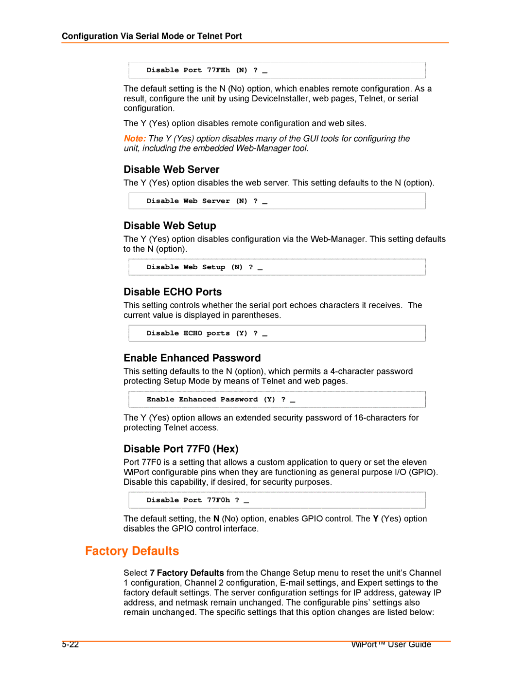 Lantronix 900-332 manual Factory Defaults 