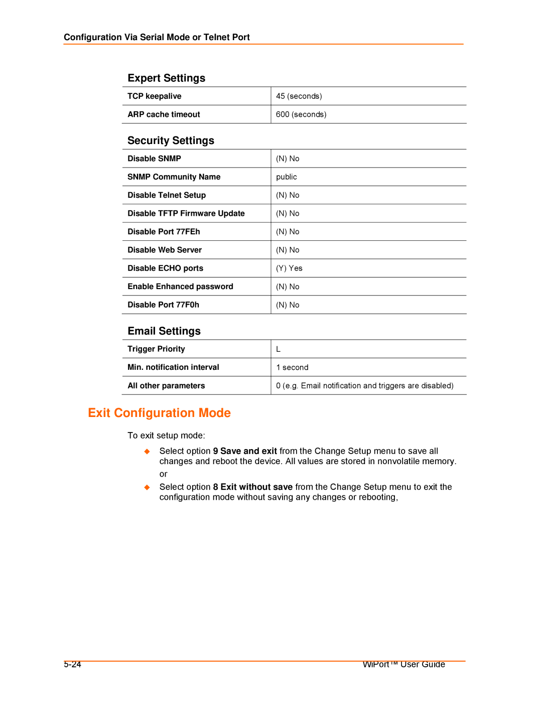 Lantronix 900-332 manual Exit Configuration Mode, Expert Settings, Security Settings, Email Settings 