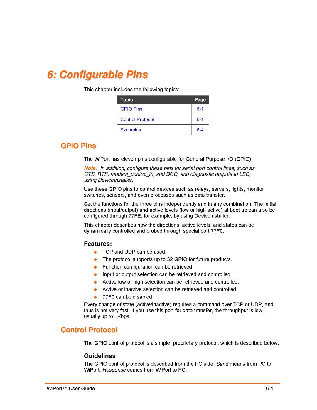 Lantronix 900-332 manual Configurable Pins, Gpio Pins, Control Protocol, Features, Guidelines 