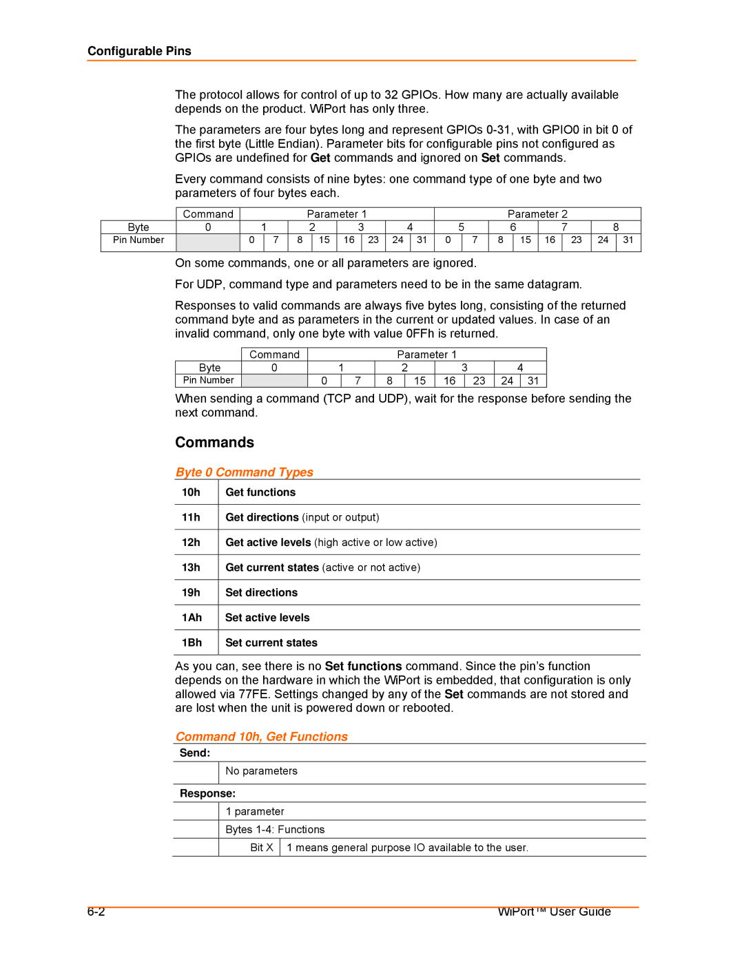Lantronix 900-332 manual Commands, Configurable Pins, Byte 0 Command Types, Command 10h, Get Functions, Send 