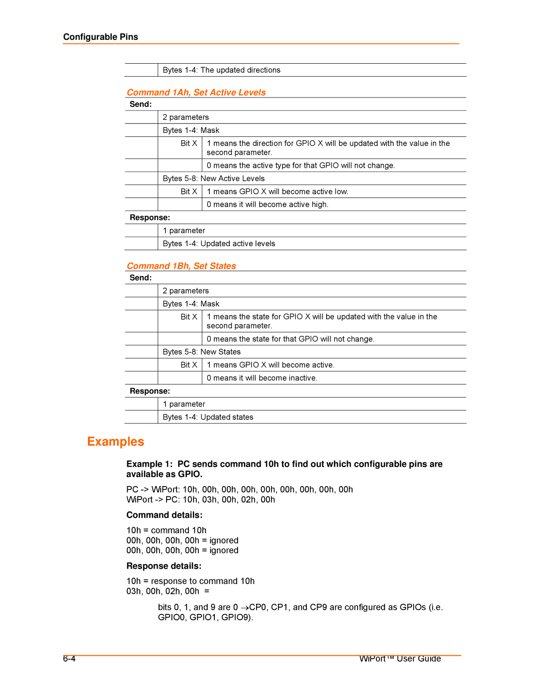 Lantronix 900-332 Examples, Command 1Ah, Set Active Levels, Command 1Bh, Set States, Command details, Response details 