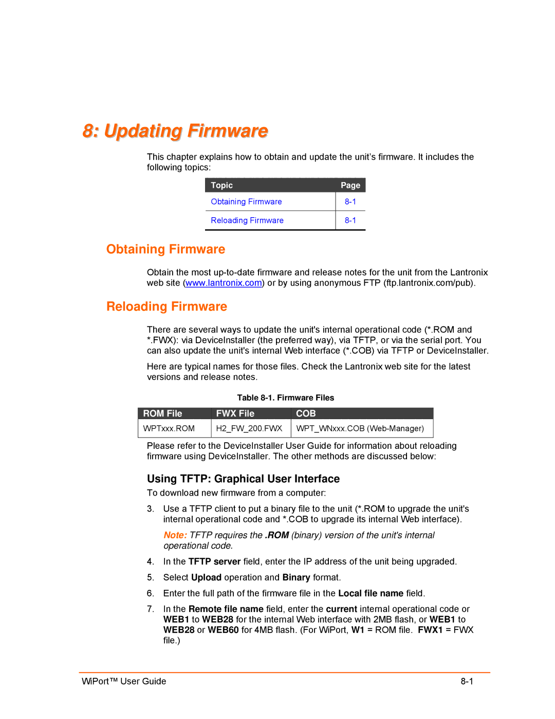 Lantronix 900-332 manual Updating Firmware, Obtaining Firmware Reloading Firmware, Using Tftp Graphical User Interface 