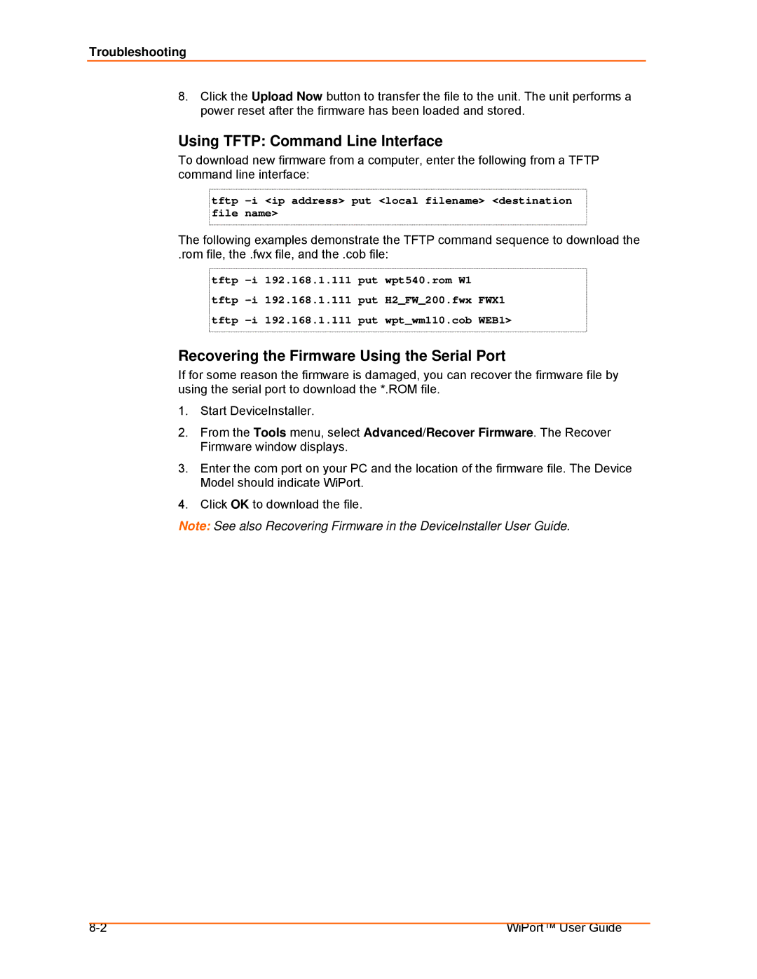 Lantronix 900-332 manual Using Tftp Command Line Interface, Recovering the Firmware Using the Serial Port, Troubleshooting 