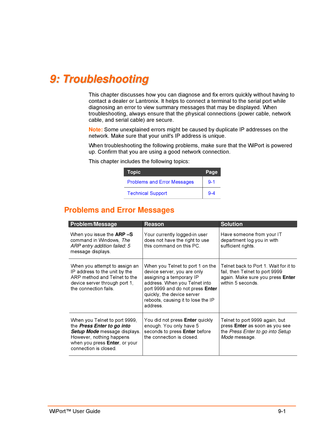 Lantronix 900-332 manual Troubleshooting, Problems and Error Messages, Problem/Message Reason Solution 