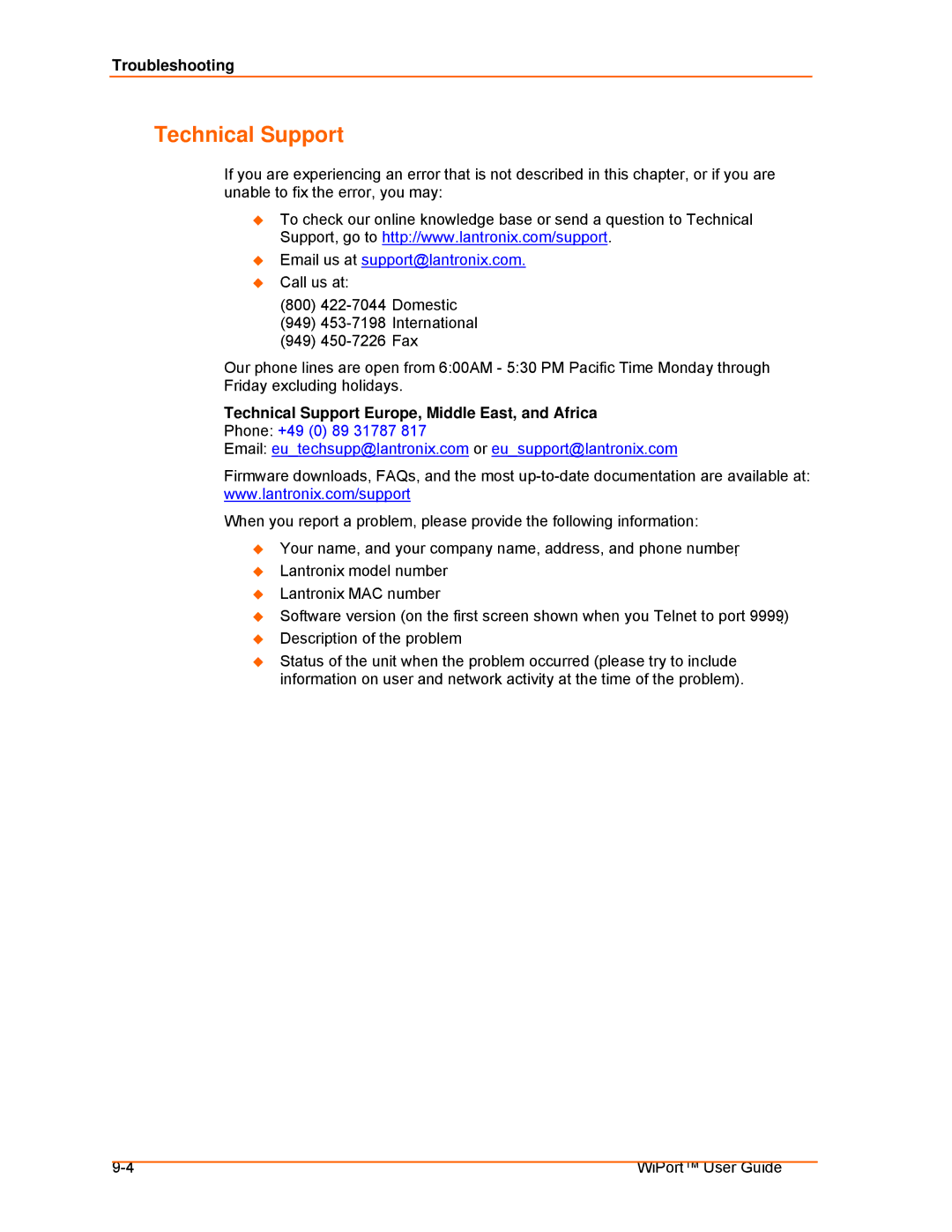 Lantronix 900-332 manual Technical Support Europe, Middle East, and Africa 