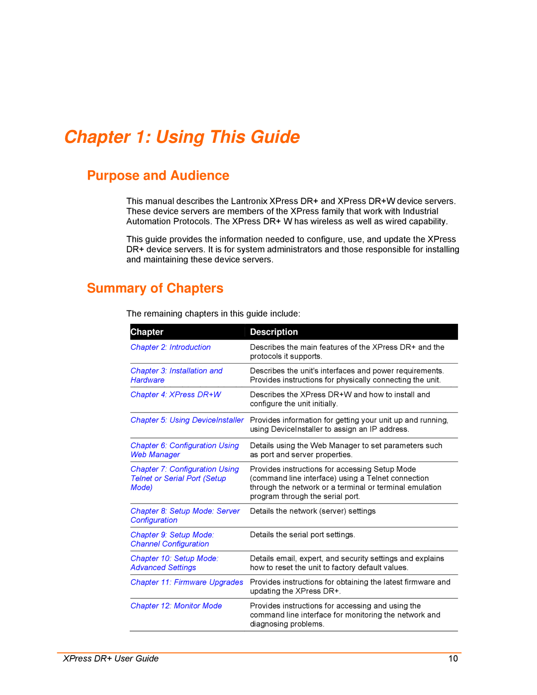 Lantronix 900-422 manual Using This Guide, Purpose and Audience, Summary of Chapters, Chapter Description 