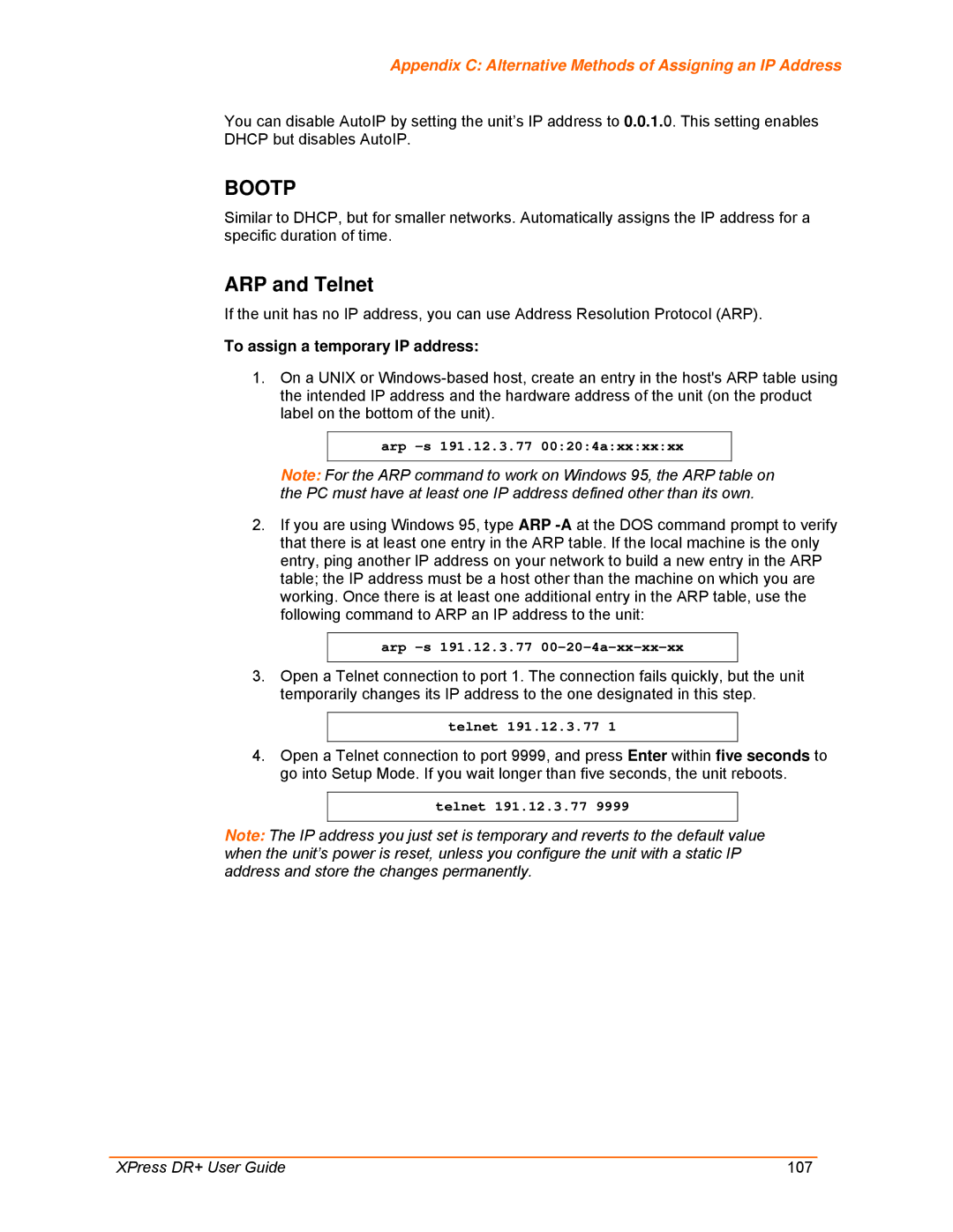 Lantronix 900-422 manual ARP and Telnet, Appendix C Alternative Methods of Assigning an IP Address 