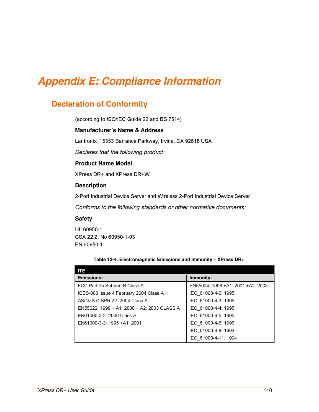 Lantronix 900-422 manual Appendix E Compliance Information, Declaration of Conformity, Emissions Immunity 