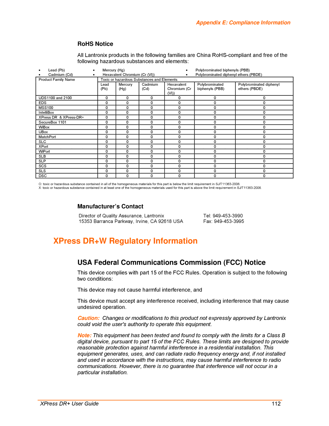 Lantronix 900-422 manual XPress DR+W Regulatory Information, USA Federal Communications Commission FCC Notice 