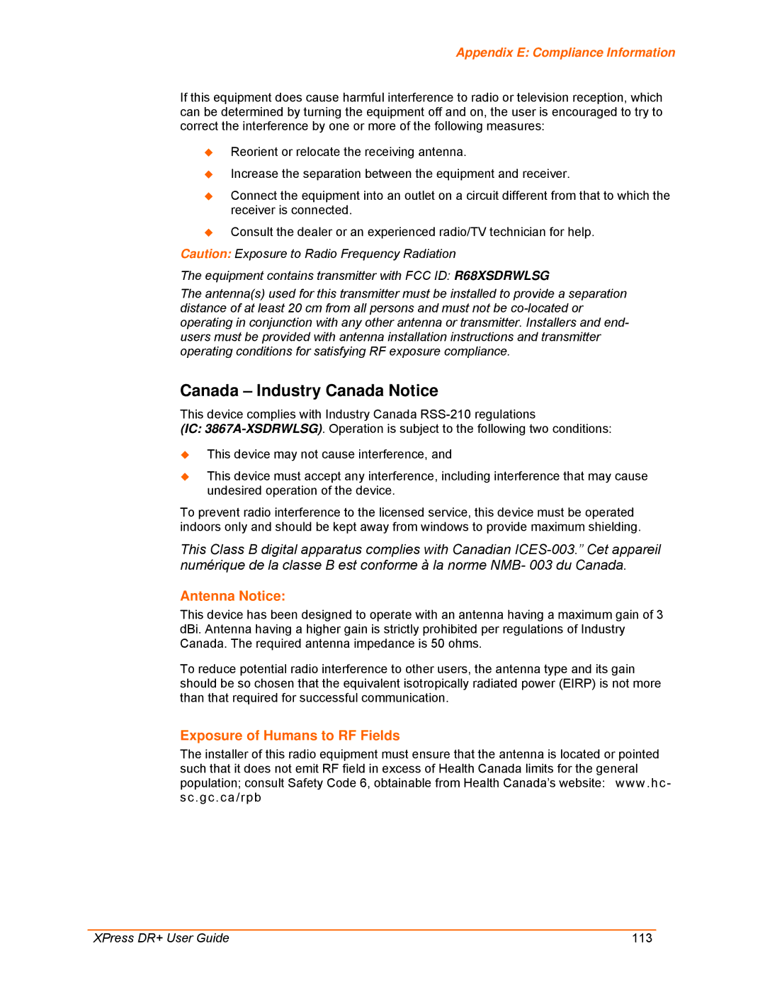 Lantronix 900-422 manual Canada Industry Canada Notice, Antenna Notice, Exposure of Humans to RF Fields 