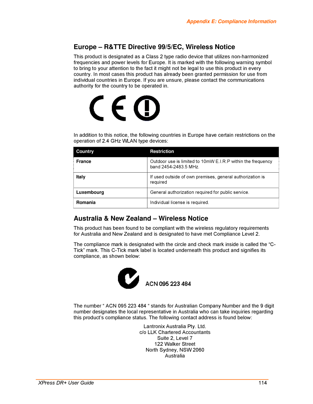 Lantronix 900-422 manual Europe R&TTE Directive 99/5/EC, Wireless Notice, Australia & New Zealand Wireless Notice 