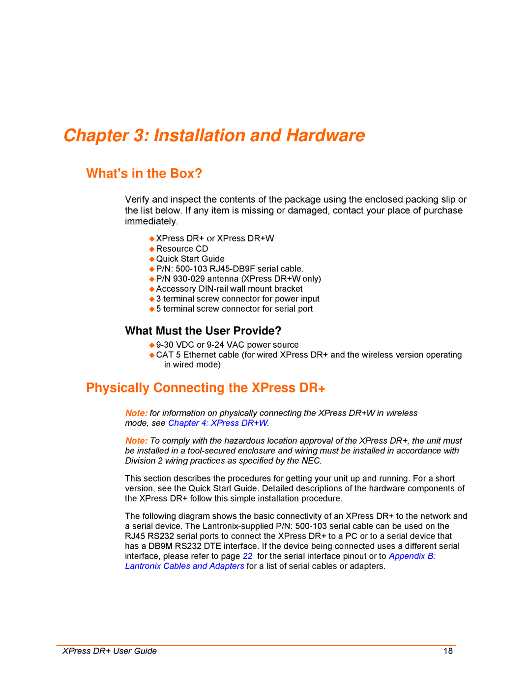 Lantronix 900-422 manual Installation and Hardware, Whats in the Box?, Physically Connecting the XPress DR+ 