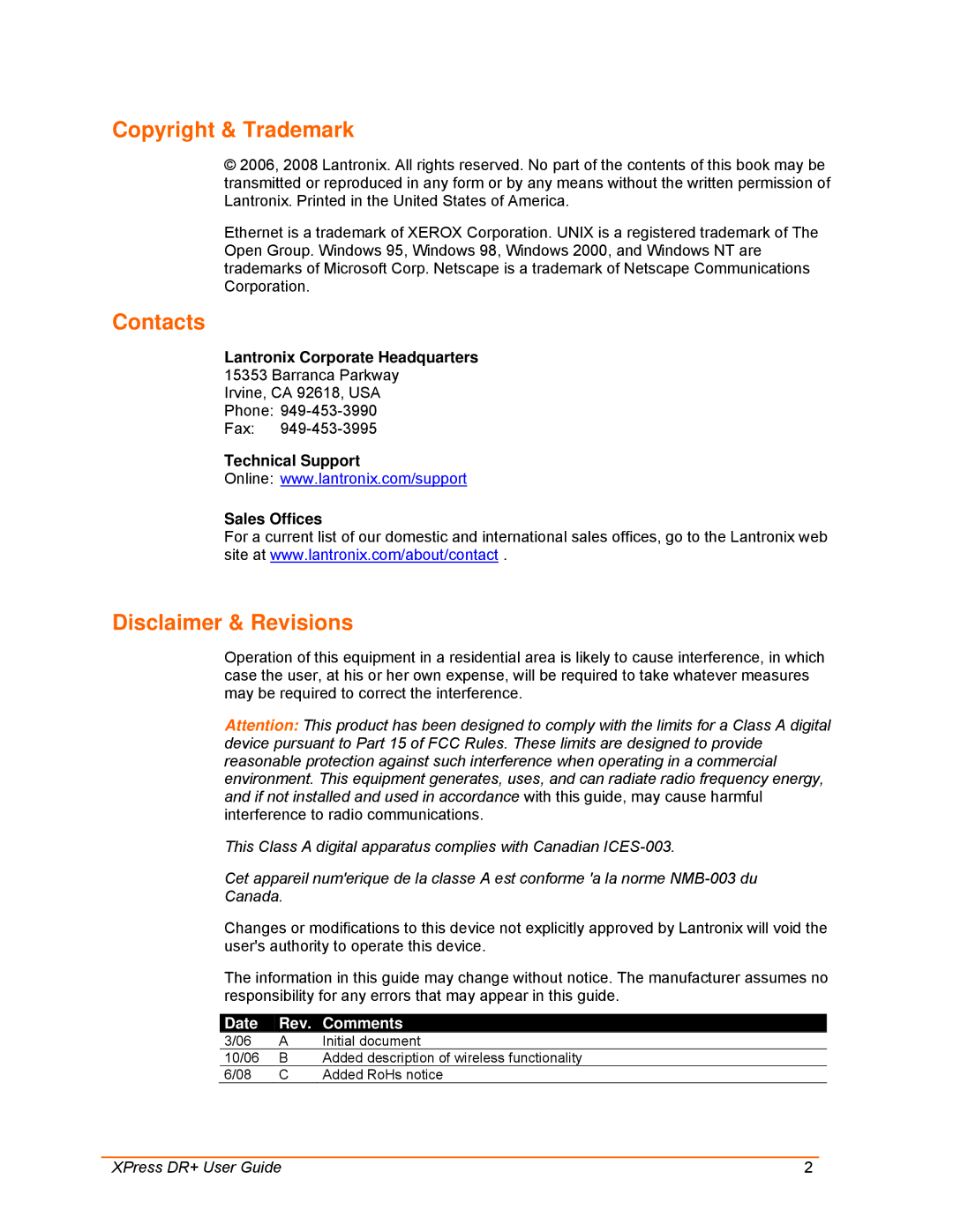 Lantronix 900-422 manual Lantronix Corporate Headquarters, Technical Support Sales Offices, Date Rev Comments 