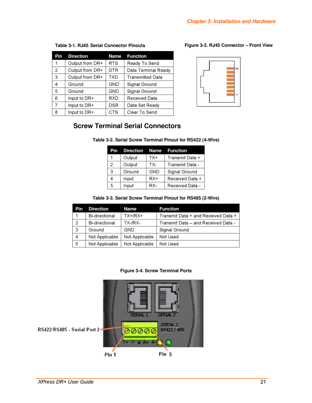 Lantronix 900-422 manual Screw Terminal Serial Connectors, RJ45 Serial Connector Pinouts 