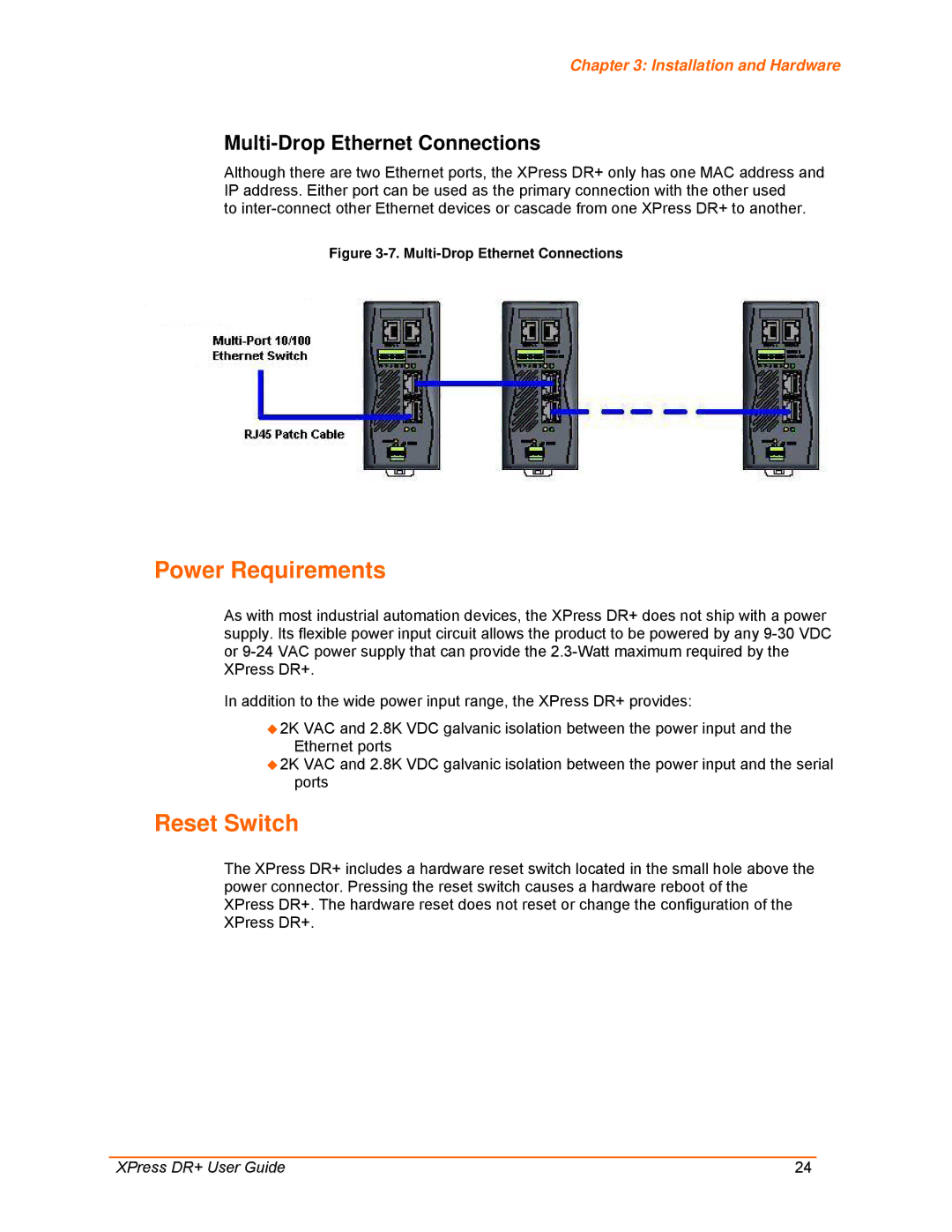 Lantronix 900-422 manual Power Requirements, Reset Switch, Multi-Drop Ethernet Connections 