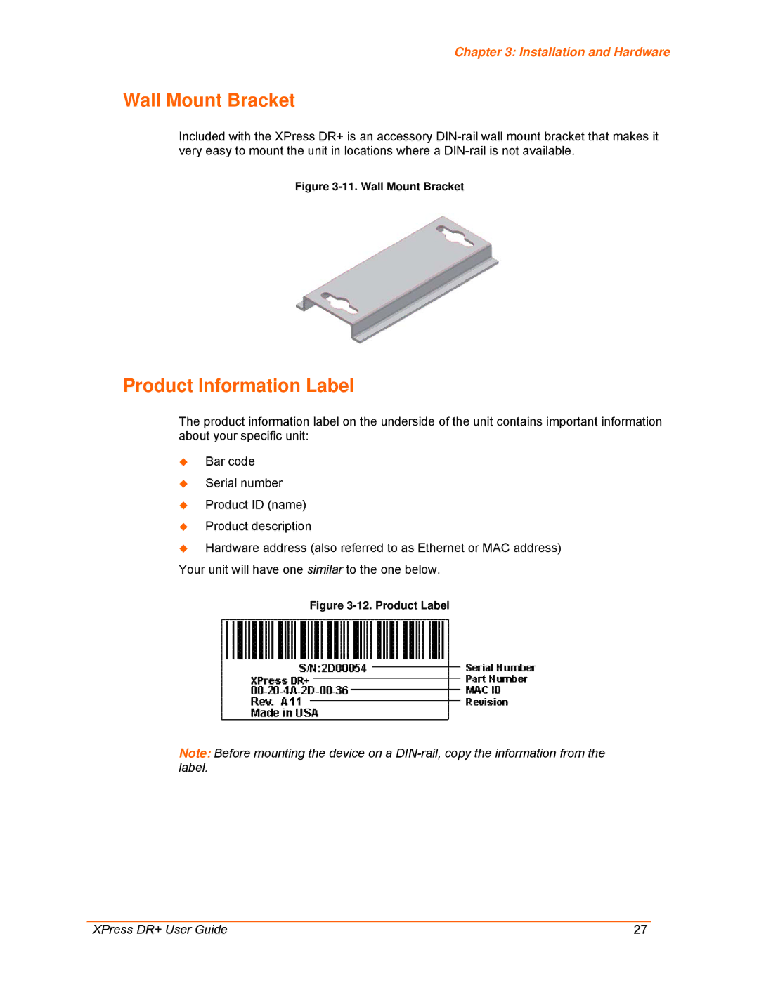 Lantronix 900-422 manual Wall Mount Bracket, Product Information Label 