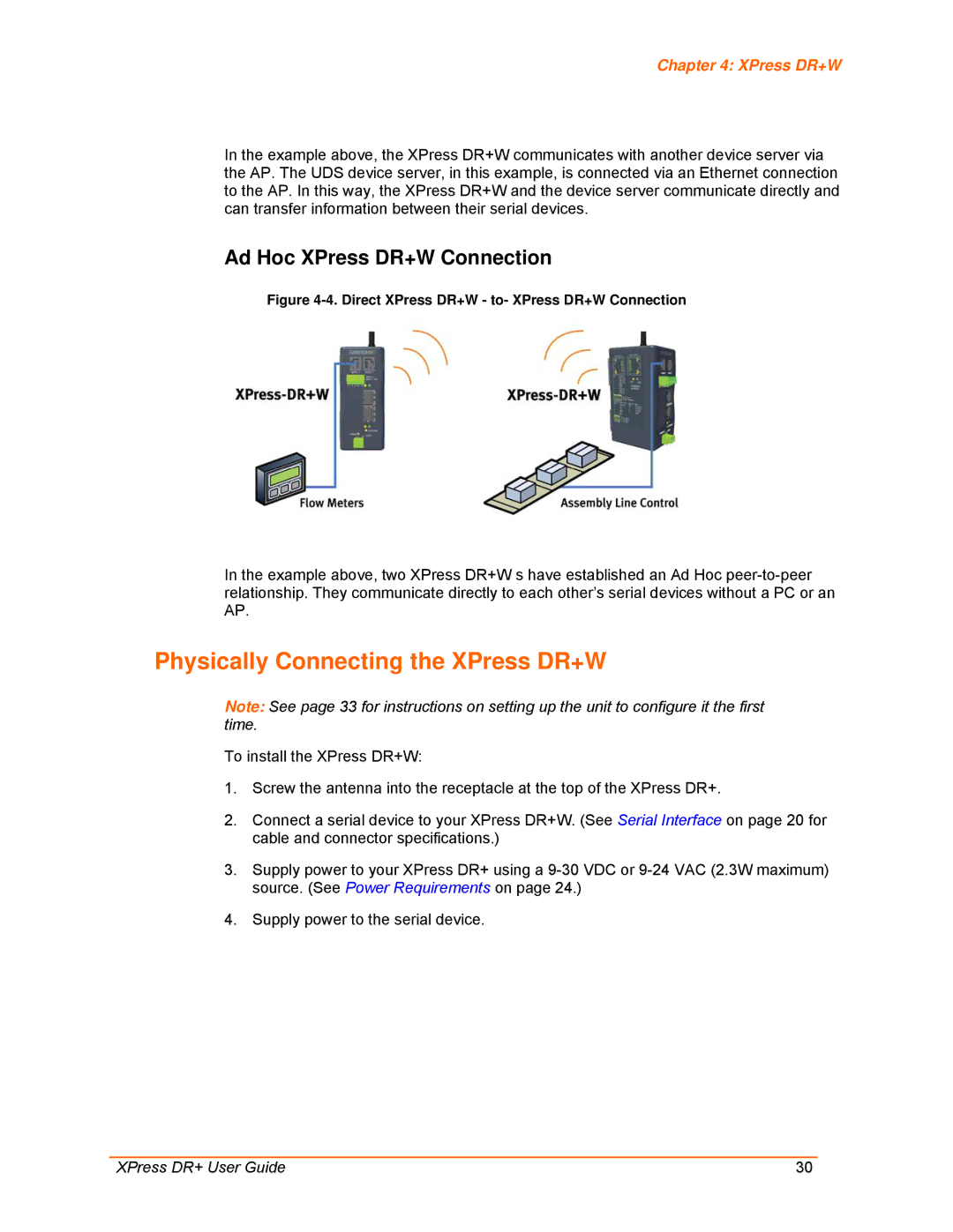 Lantronix 900-422 manual Physically Connecting the XPress DR+W, Ad Hoc XPress DR+W Connection 