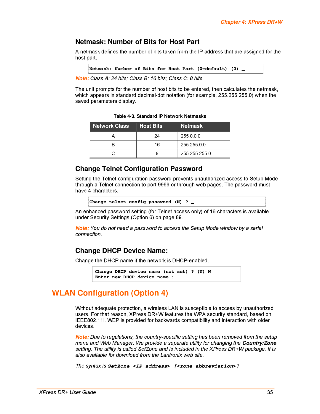 Lantronix 900-422 Wlan Configuration Option, Netmask Number of Bits for Host Part, Change Telnet Configuration Password 