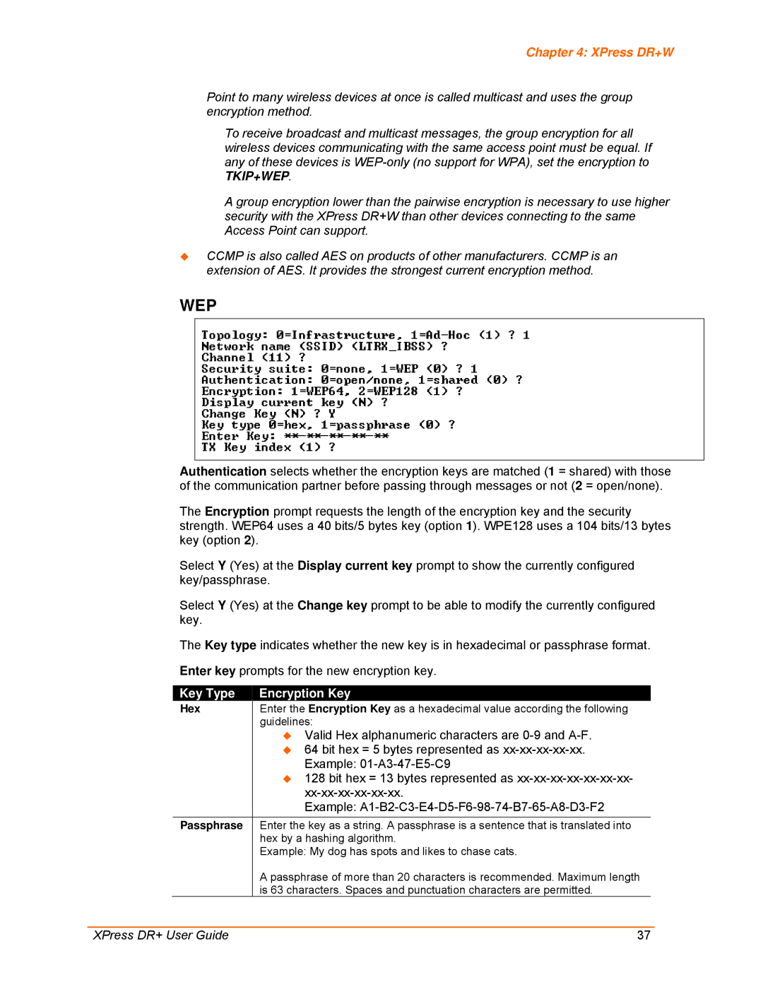 Lantronix 900-422 manual Key Type Encryption Key, Hex, Passphrase 