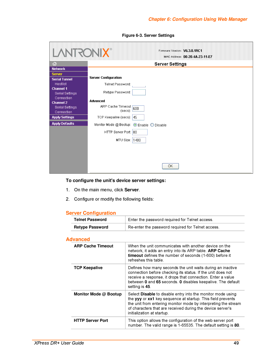 Lantronix 900-422 manual Server Configuration, Advanced, To configure the units device server settings 