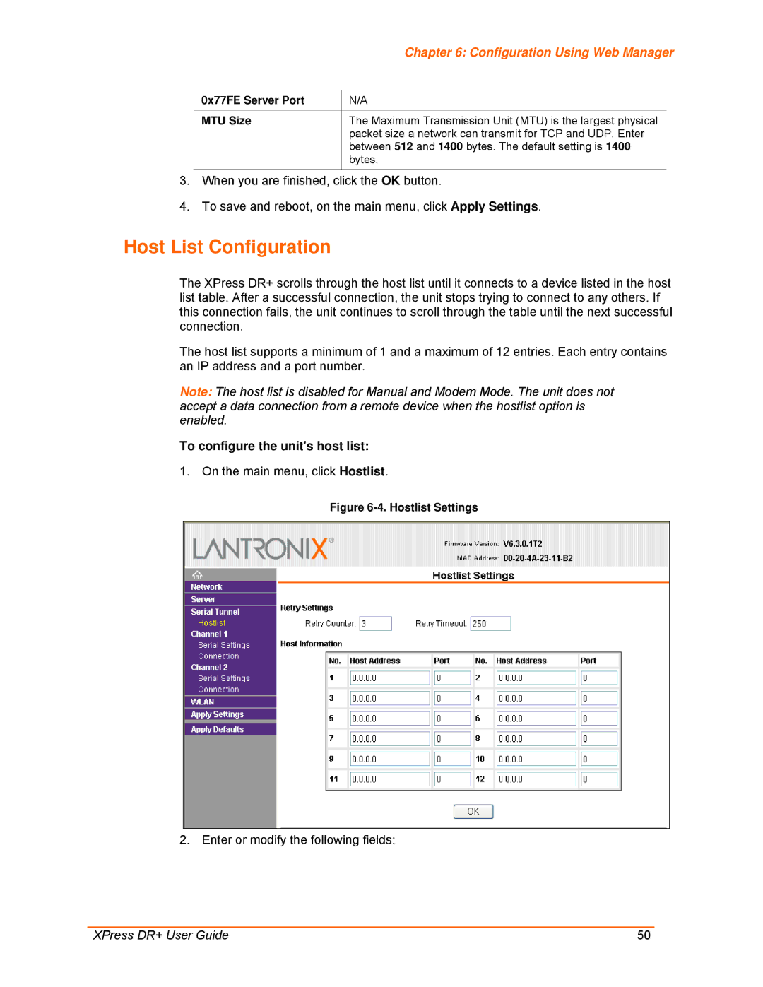 Lantronix 900-422 manual Host List Configuration, To configure the units host list, 0x77FE Server Port MTU Size 