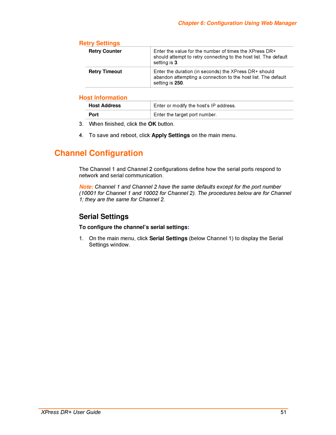 Lantronix 900-422 manual Channel Configuration, Serial Settings, Retry Settings, Host Information 