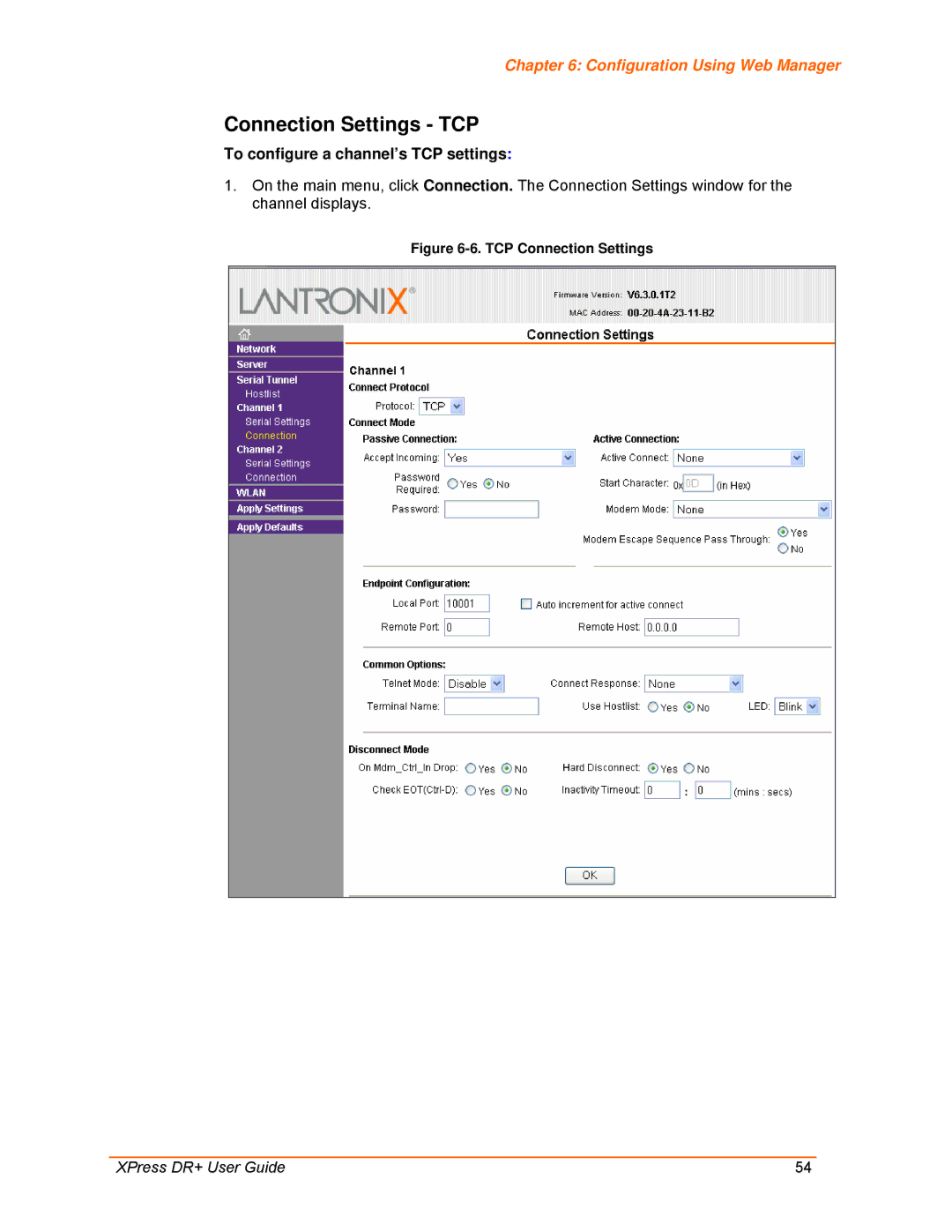 Lantronix 900-422 manual Connection Settings TCP, To configure a channel’s TCP settings 