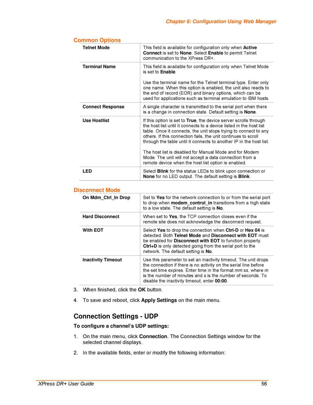 Lantronix 900-422 manual Connection Settings UDP, Common Options, Disconnect Mode, To configure a channel’s UDP settings 