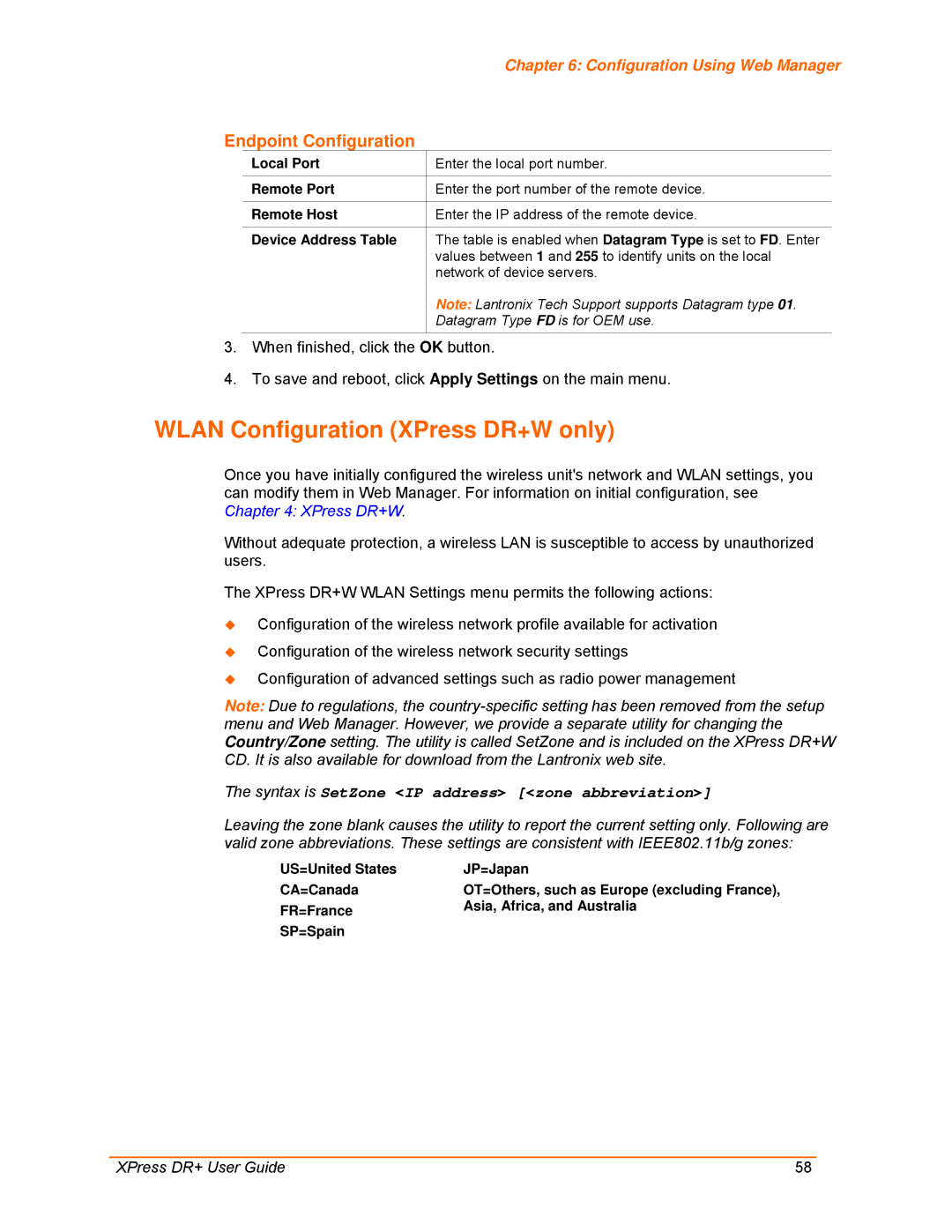 Lantronix 900-422 manual Wlan Configuration XPress DR+W only, Device Address Table 