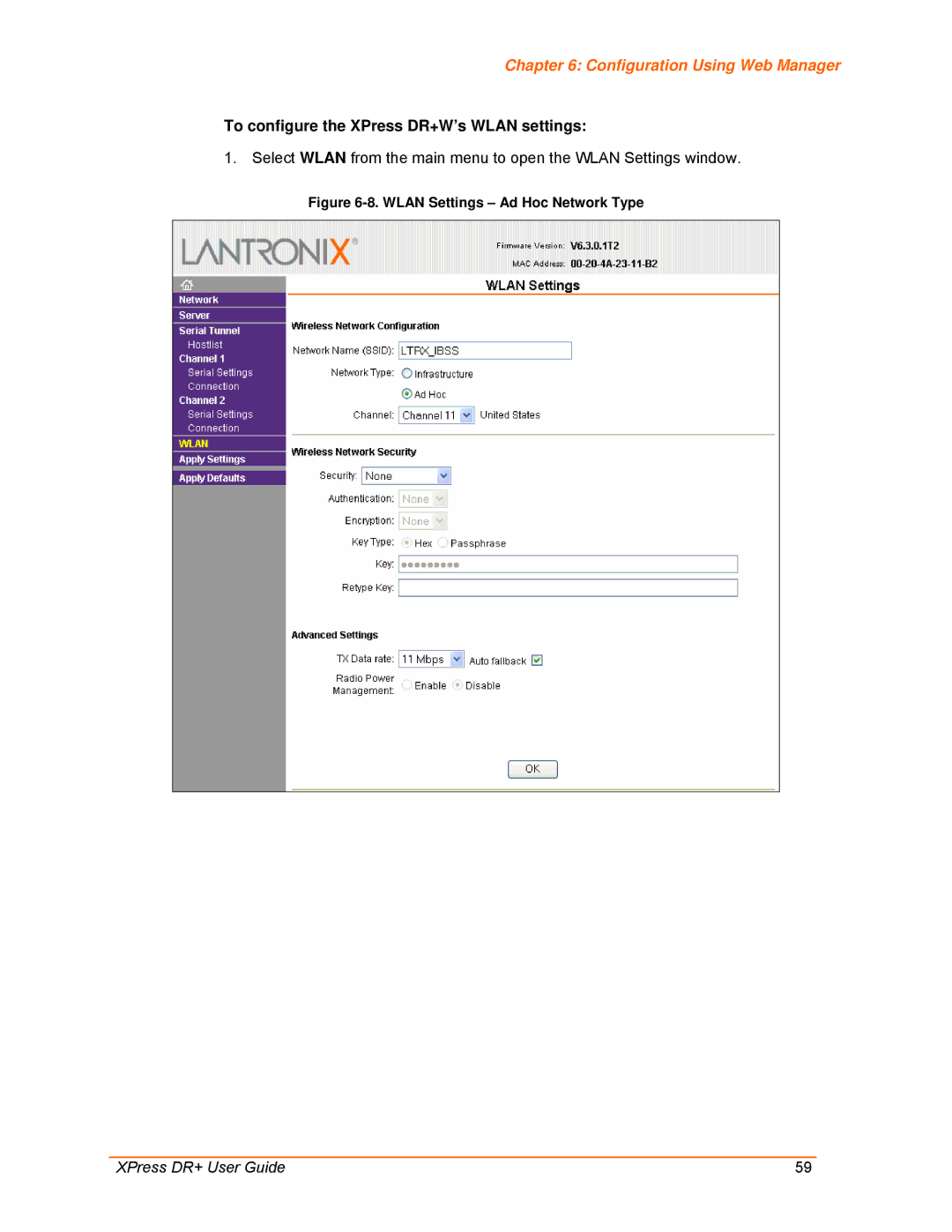 Lantronix 900-422 manual To configure the XPress DR+W’s Wlan settings, Wlan Settings Ad Hoc Network Type 