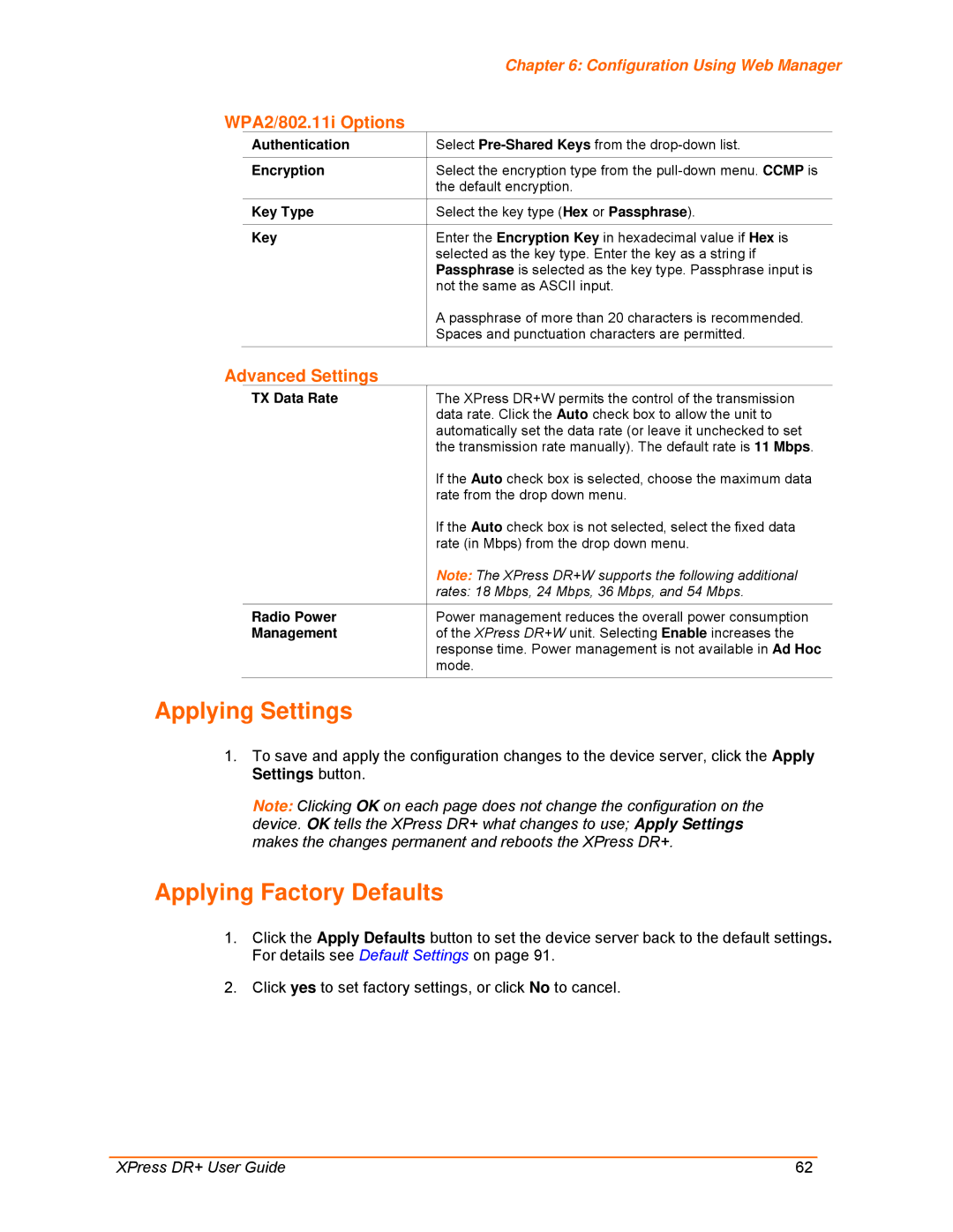 Lantronix 900-422 manual Applying Settings, Applying Factory Defaults, WPA2/802.11i Options, Advanced Settings 