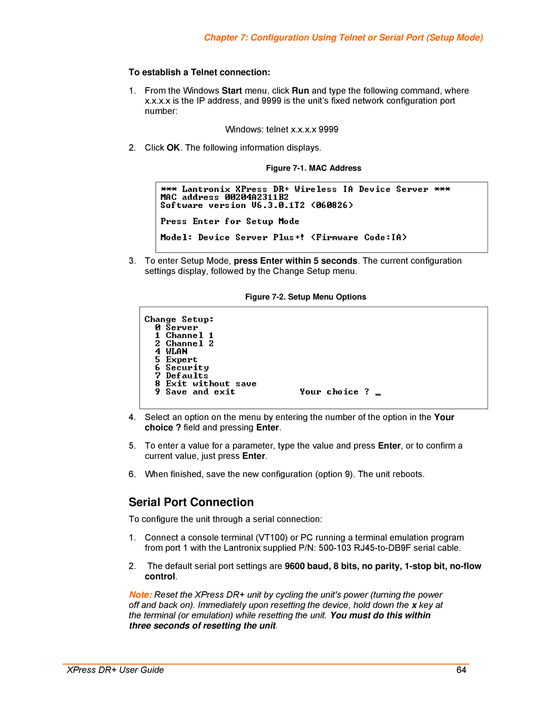 Lantronix 900-422 manual Serial Port Connection, Configuration Using Telnet or Serial Port Setup Mode 