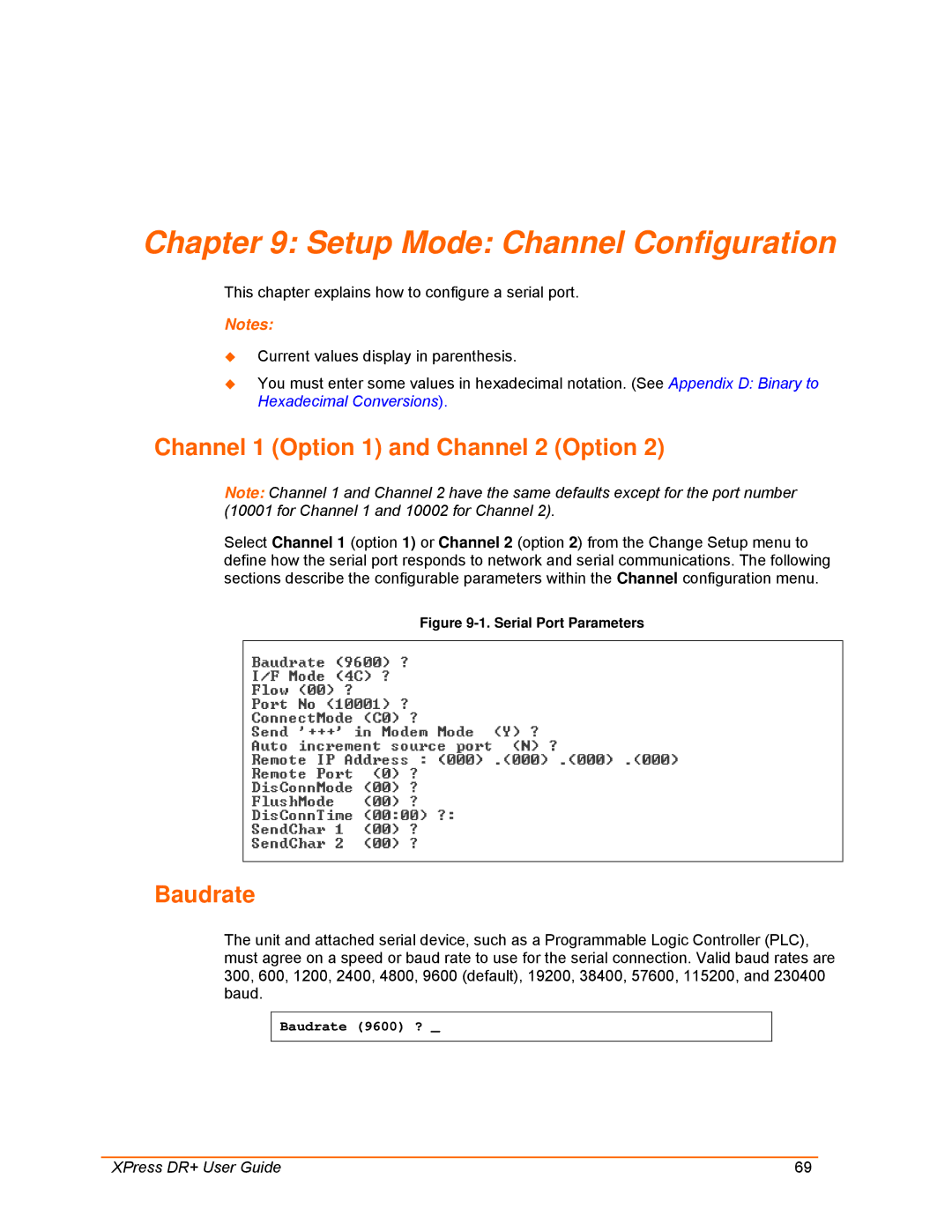 Lantronix 900-422 manual Setup Mode Channel Configuration, Channel 1 Option 1 and Channel 2 Option, Baudrate 