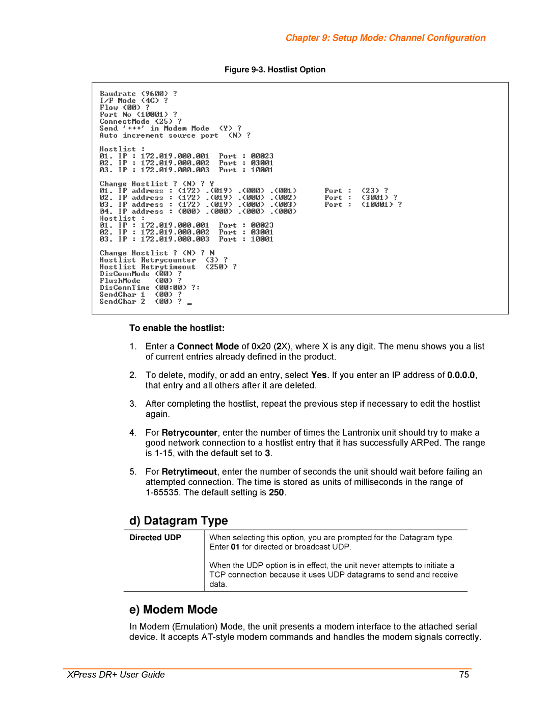 Lantronix 900-422 manual Datagram Type, Modem Mode, To enable the hostlist, Directed UDP 