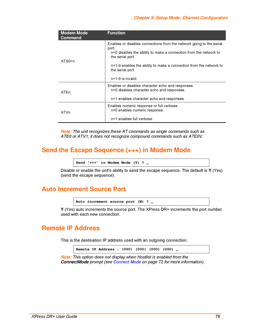 Lantronix 900-422 manual Send the Escape Sequence +++ in Modem Mode, Auto Increment Source Port, Remote IP Address 