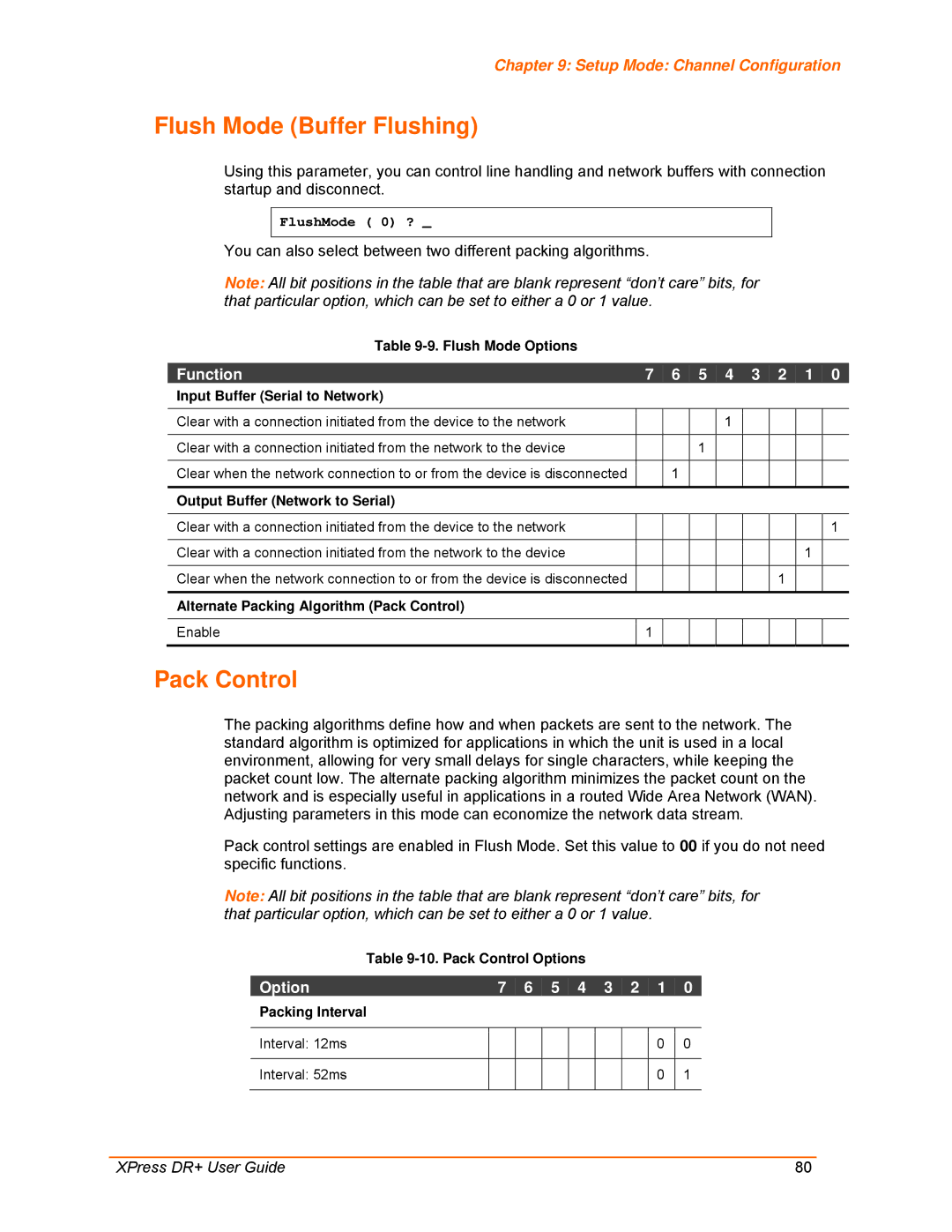 Lantronix 900-422 manual Flush Mode Buffer Flushing, Pack Control, Option 