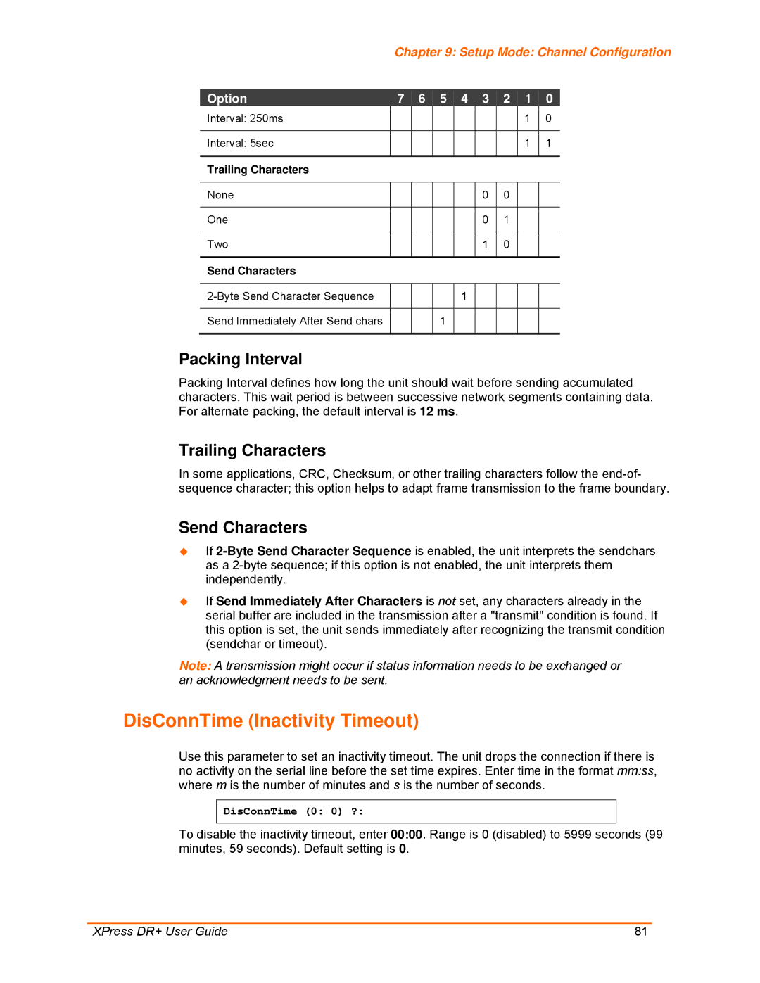 Lantronix 900-422 manual DisConnTime Inactivity Timeout, Packing Interval, Trailing Characters, Send Characters 