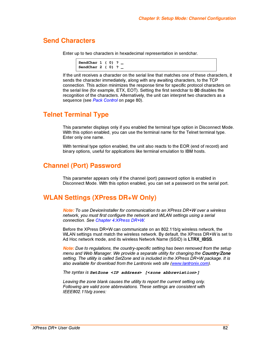 Lantronix 900-422 manual Send Characters, Telnet Terminal Type, Channel Port Password, Wlan Settings XPress DR+W Only 