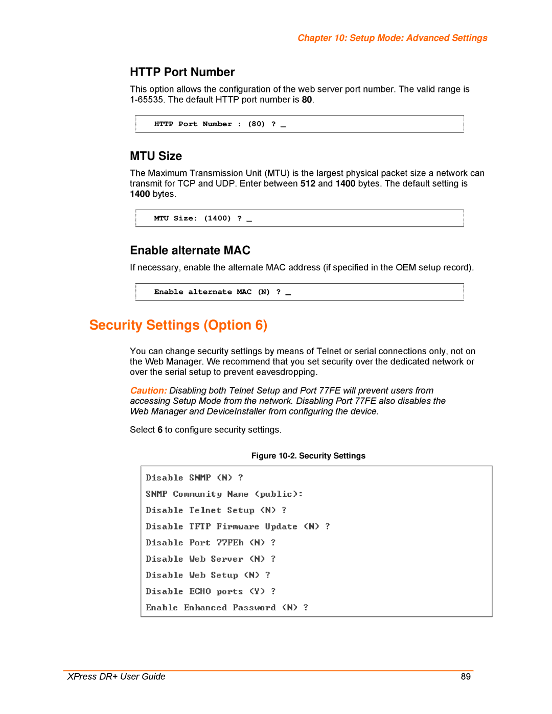 Lantronix 900-422 Security Settings Option, Http Port Number, MTU Size, Enable alternate MAC, Setup Mode Advanced Settings 