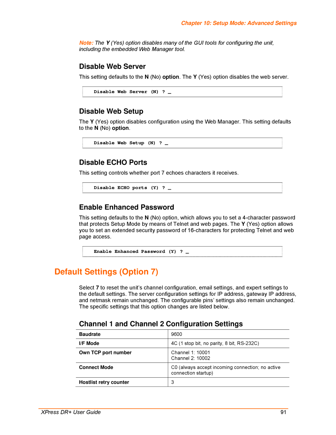 Lantronix 900-422 manual Default Settings Option 