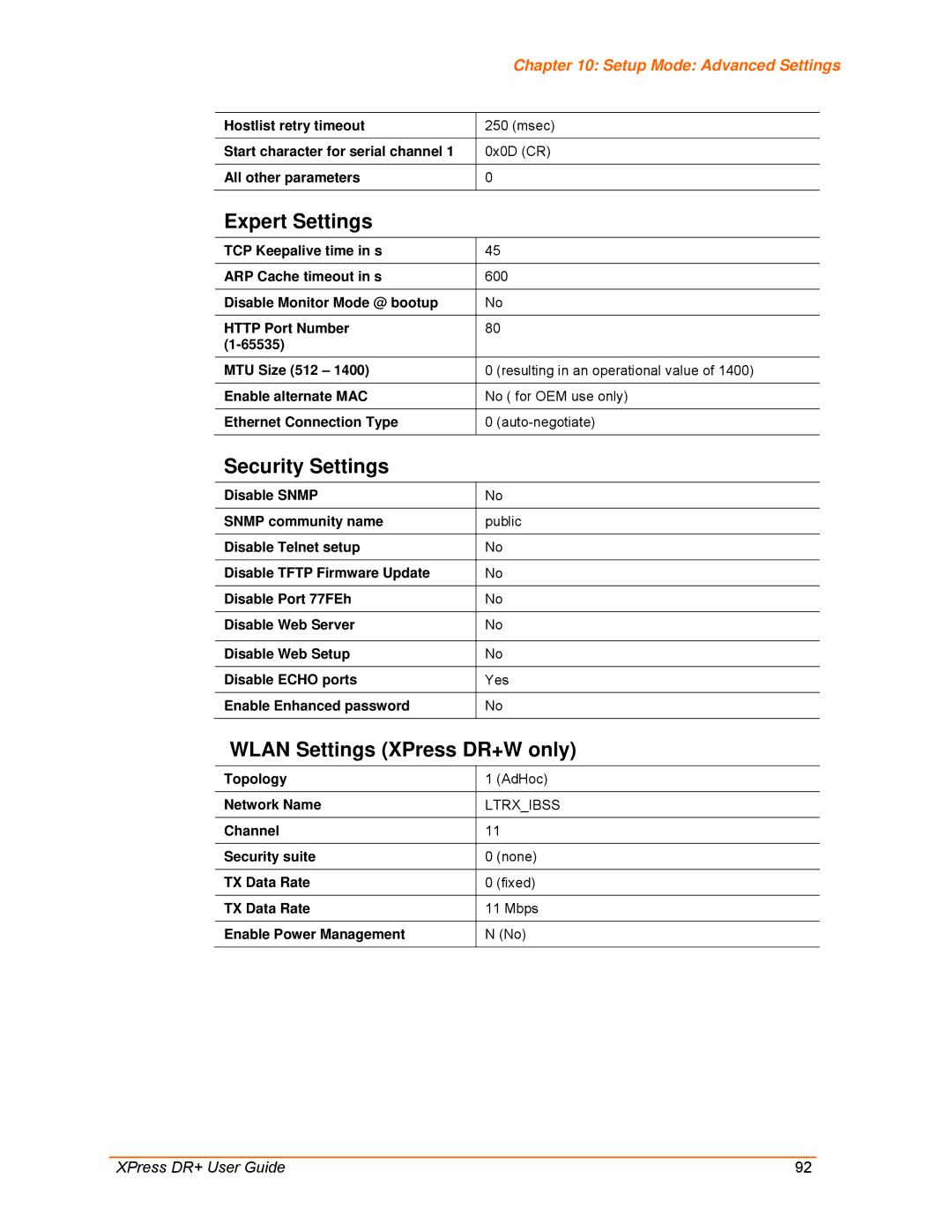 Lantronix 900-422 manual Expert Settings, Security Settings, Wlan Settings XPress DR+W only, Topology AdHoc Network Name 