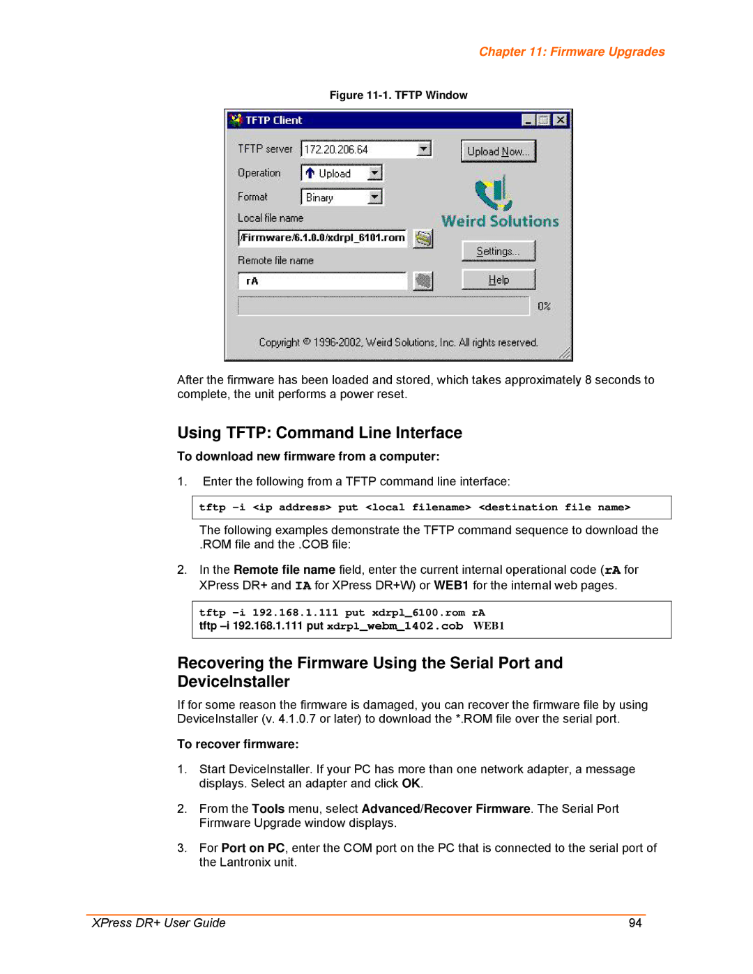 Lantronix 900-422 manual Using Tftp Command Line Interface, Firmware Upgrades, To recover firmware 