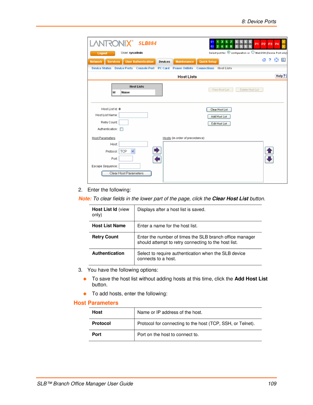 Lantronix 900-510 manual Host Parameters, Host List Id view, Host List Name, Retry Count 