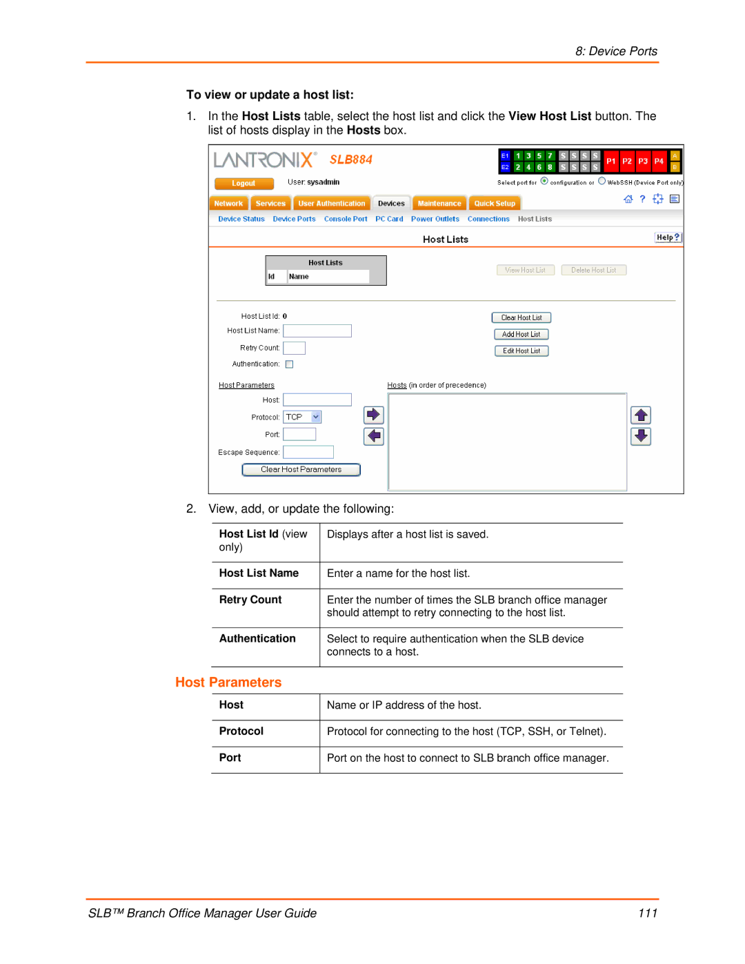 Lantronix 900-510 manual To view or update a host list 