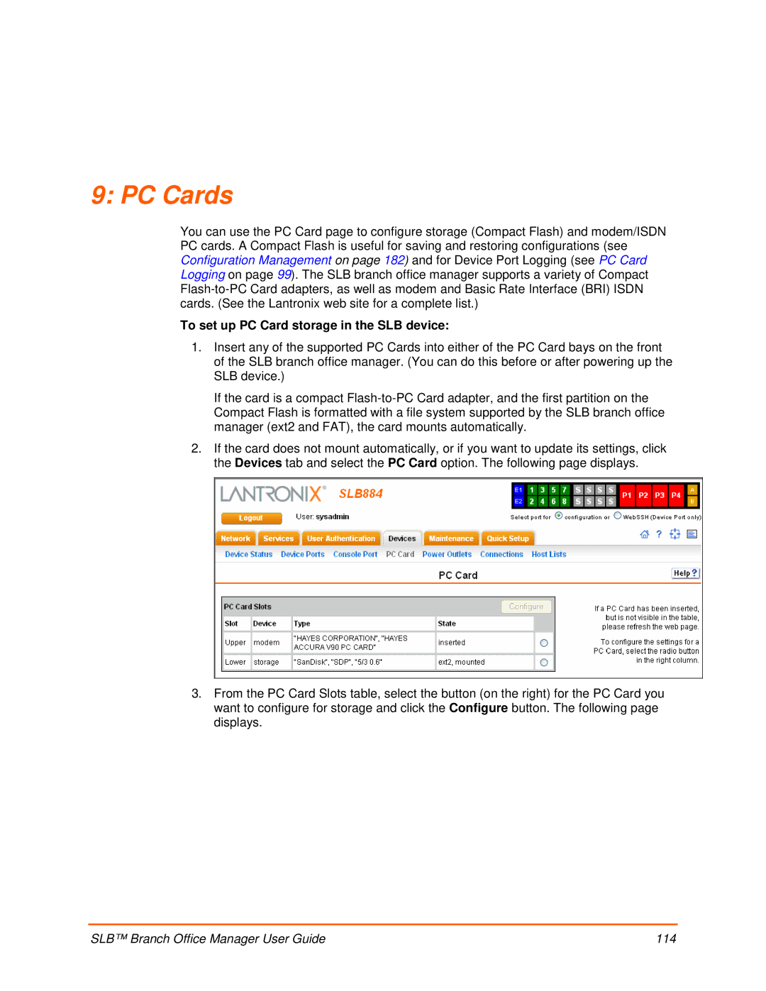 Lantronix 900-510 manual PC Cards, To set up PC Card storage in the SLB device 